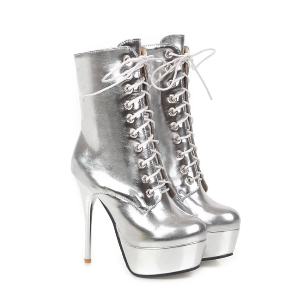 Sz. 7.5 Silver High Heel Lace-Up Boots